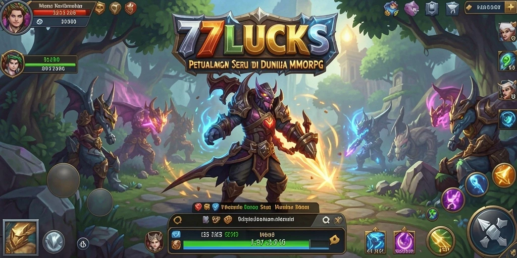 Screenshot gameplay 77LUCKS dengan karakter dan monster epik.