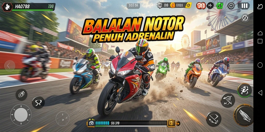 Screenshot gameplay HAO788 menunjukkan balapan motor yang mendebarkan.
