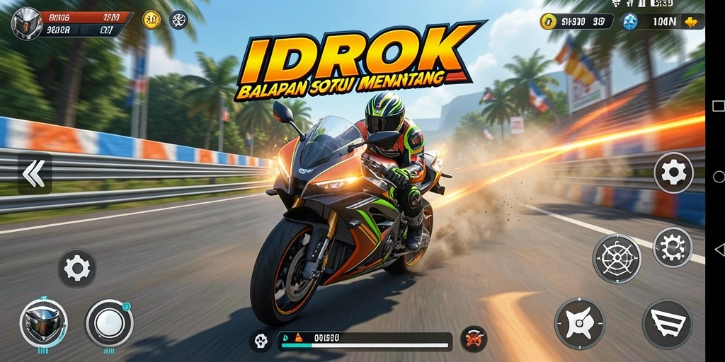 Screenshot IDROK menampilkan motor balapan melaju cepat di trek yang menantang.