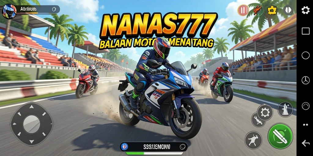 Tangkapan layar gameplay NANAS777 menampilkan aksi balap motor yang mendebarkan.