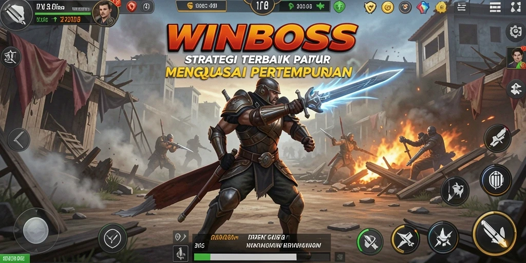 Screenshot utama WINBOSS menampilkan aksi pertempuran strategis yang mendebarkan.